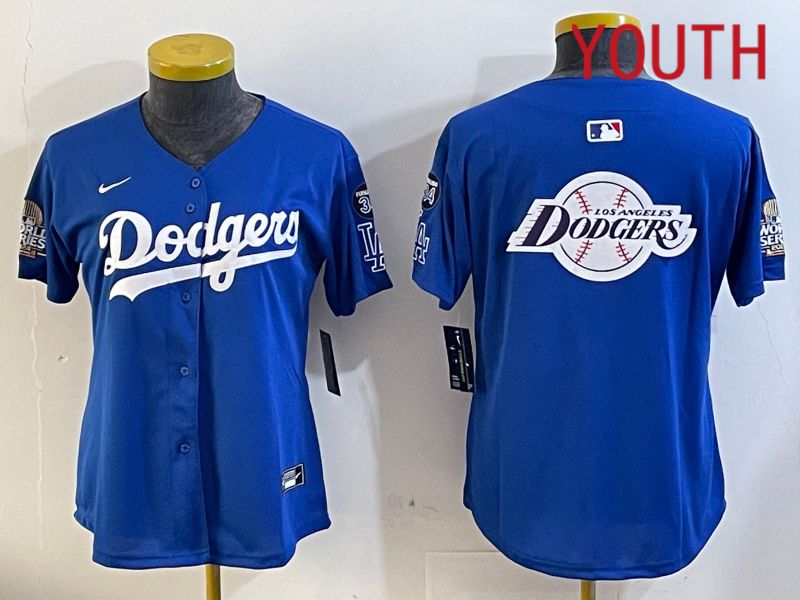 Youth  Los Angeles Dodgers blank 2024 World series patch blue jersey 202411248->youth mlb jersey->Youth Jersey